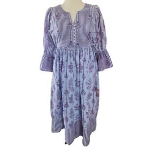 Boho Cottagocore Peasant Purple Maxi Dress Floral Bell Sleeves Whimsy Stripes